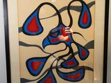 tableau représentant une personne tenant une cigarette devant un tableau bleu et rouge