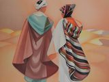 painting of two women walking in a desert with a sky background