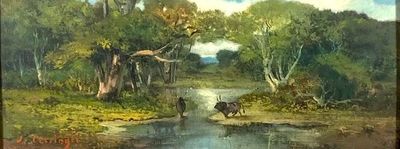 un tableau représentant un homme à cheval dans les bois