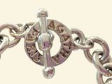 a close up of a metal bracelet with a chain on it