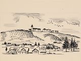 an image of a drawing of a town on a hill
