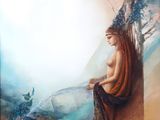 an oil painting of a woman sitting on a ledge with a tree in the background