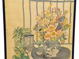 une image d'un tableau représentant un vase de fleurs sur une table