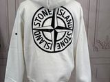 white hooded sweatshirt with black stone island logo on the front