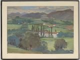 une image représentant un tableau représentant un paysage avec des collines et des arbres