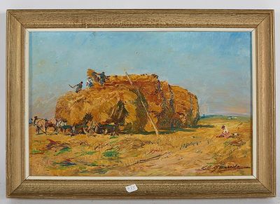 une peinture à l'huile représentant une scène de ferme avec des balles de foin et des chevaux