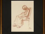 dessin représentant une personne assise sur un banc, coiffée d'un chapeau