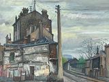 une peinture représentant un immeuble situé à l'angle d'une rue
