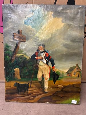 tableau représentant un homme avec une canne et un chien devant une maison