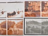 an old photo of a group of people riding horses in front of a building