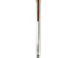 a close up of a pen with a wooden handle on a white background