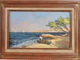 une peinture à l'huile représentant un bateau sur une plage, près d'un arbre