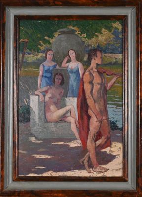 painting of three women in a bathtub with a man and a woman in a bathing suit