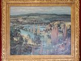 a painting of a view of a city from a window