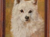 an oil painting of a white dog in a wooden frame
