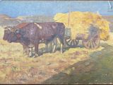 un tableau représentant deux vaches tirant une charrette chargée de foin