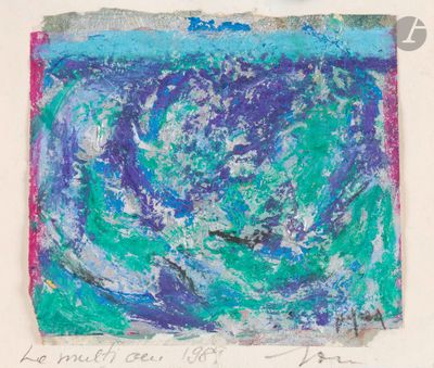 une image représentant une peinture montrant un tourbillon bleu et vert sur une feuille de papier