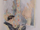 painting of a man sitting in a chair reading a book in front of a window