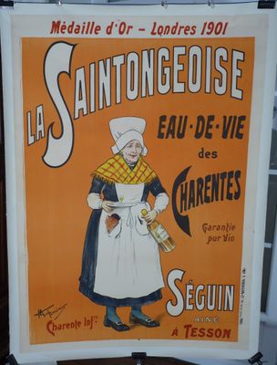 affiche représentant une femme en tablier blanc tenant un couteau devant une fenêtre