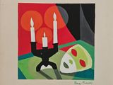 a picture of a painting with candles and a skull on it