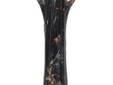 a black vase with a bird on it on a white background