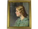 portrait d'une jeune fille en robe verte, dans un cadre doré