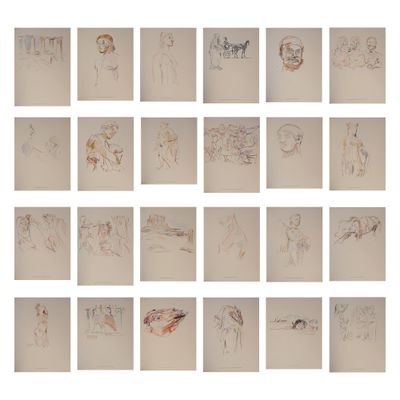 Plusieurs dessins représentant des personnes et des animaux figurent sur une feuille de papier.