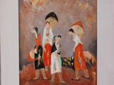 painting of a group of people with umbrellas walking down a street