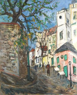 painting of a painting of a street scene with a tree and buildings