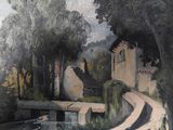 un tableau représentant une route traversant un petit village