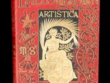 a red book with a gold cover and a woman holding a fan