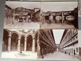 several old black and white photos of a street with buildings and a bridge