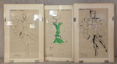 trois dessins encadrés représentant une femme en robe verte et un homme en robe verte