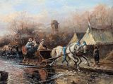painting of a group of people riding in a horse drawn sleigh
