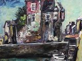 an oil painting of a boat docked in a harbor next to a building
