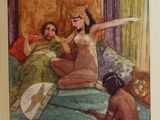 a picture of a painting of a woman and two men in a bed