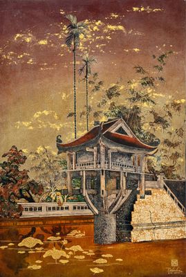 un tableau représentant une pagode au milieu d'un lac