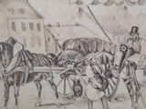 a drawing of a horse drawn carriage being pulled by two men