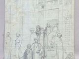 un vieux dessin représentant un groupe de personnes debout devant un bâtiment