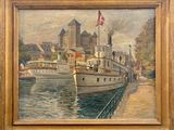 painting of a boat docked in a harbor with a castle in the background