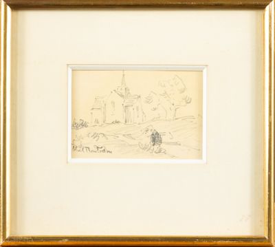 an image of a drawing of a man and a woman in front of a house