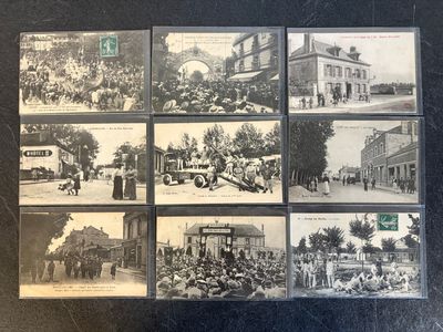 several old black and white photos of people and horses in a town