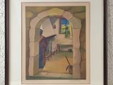 painting of a doorway in a stone wall with a painting of a man in a doorway