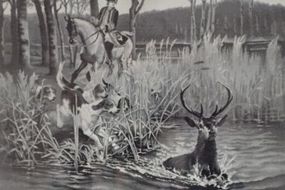 tableau représentant un homme à cheval et un cerf dans l'eau