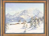 painting of a snowy mountain scene with a cabin in the foreground