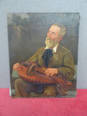 painting of a man with a beard playing a musical instrument on a pink surface