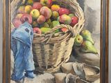 une peinture à l'huile représentant un panier de pommes et de poires posé sur une table