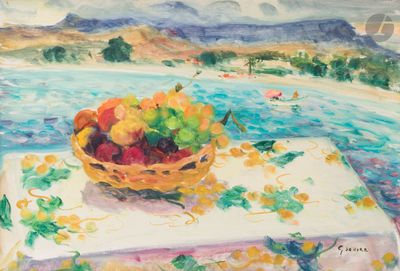 une peinture représentant une corbeille de fruits sur une table