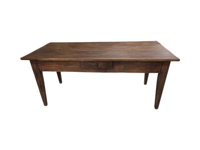 a wooden table with a drawer underneath it on a white background