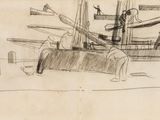 dessin représentant un bateau sur un plan d'eau, avec un homme assis sur le quai